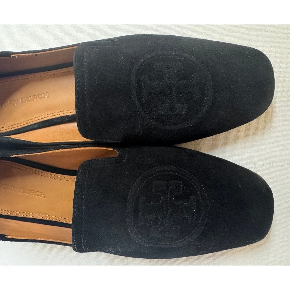 Tory Burch Suede Logo Loafers Black Square Toe Flats Womens Size 6